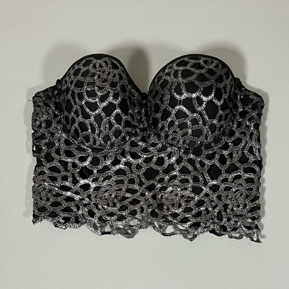 Cleo Black Silver Floral Cut-Out Bustier Corset Bra Crop Top Lingerie Size S 🖤🩶
